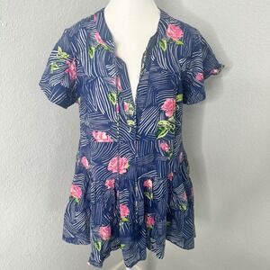Congiglio Palm Beach Navy Floral Print Tassel Detail Mini Dress Women's size med